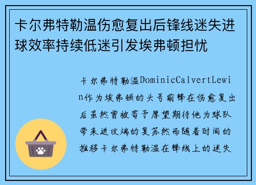 卡尔弗特勒温伤愈复出后锋线迷失进球效率持续低迷引发埃弗顿担忧